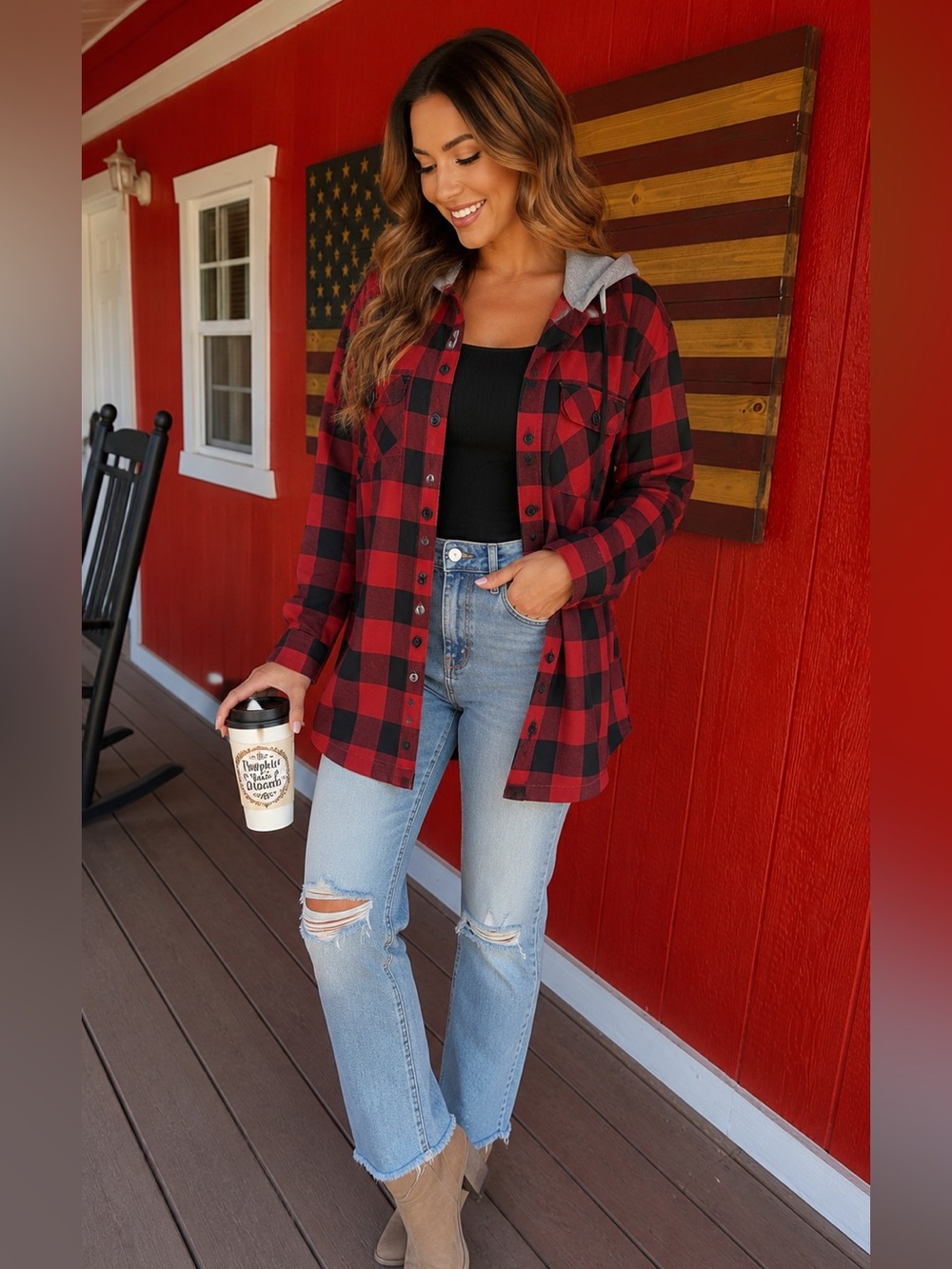 Young USA Hooded Buffalo Plaid Shacket Jacket Red Black Gray Hood Size Large NWT